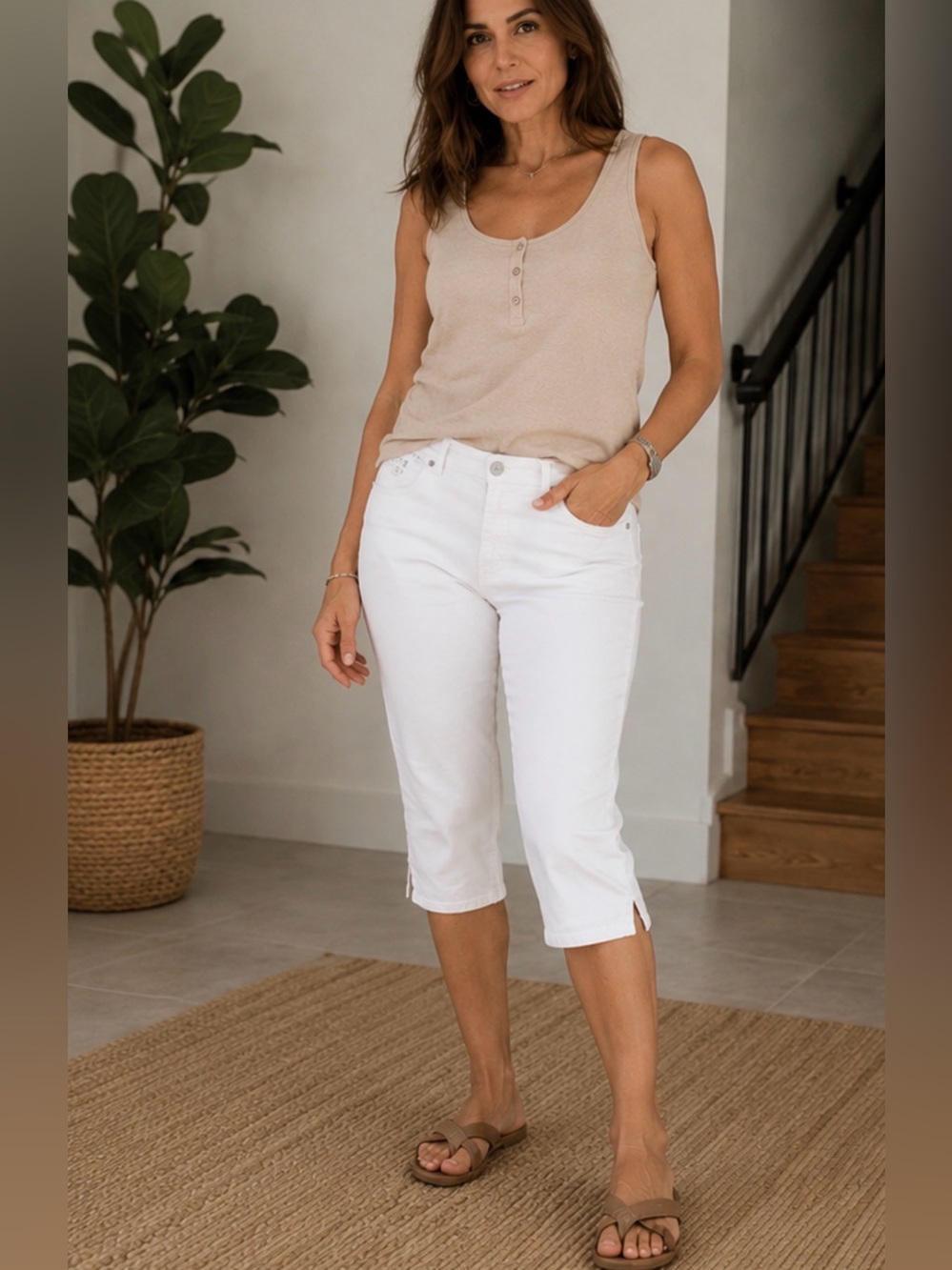 White Cropped Jeans with Side Slits /  Embellished Pockets
